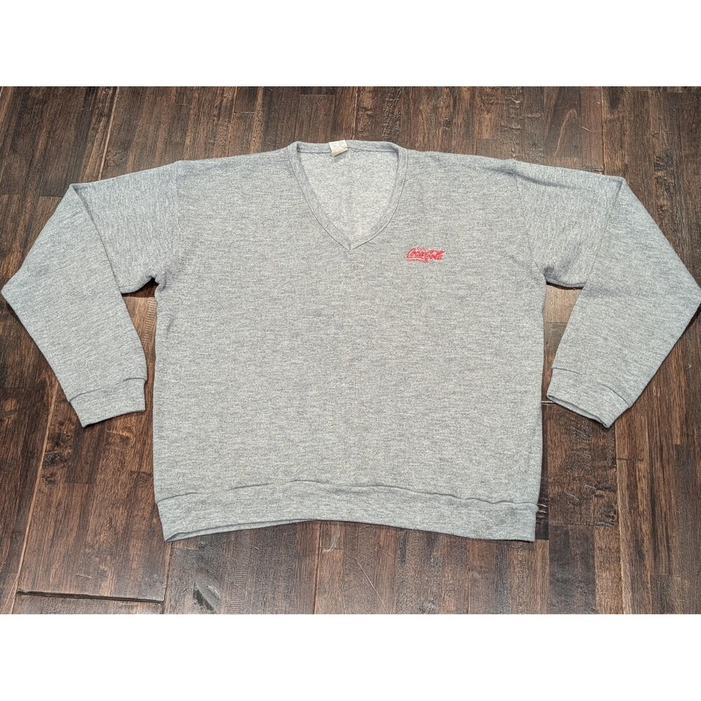 Vintage Coca-Cola Sweatshirt Mens XL Gray V Neck Artex Embroidered Made USA 80s